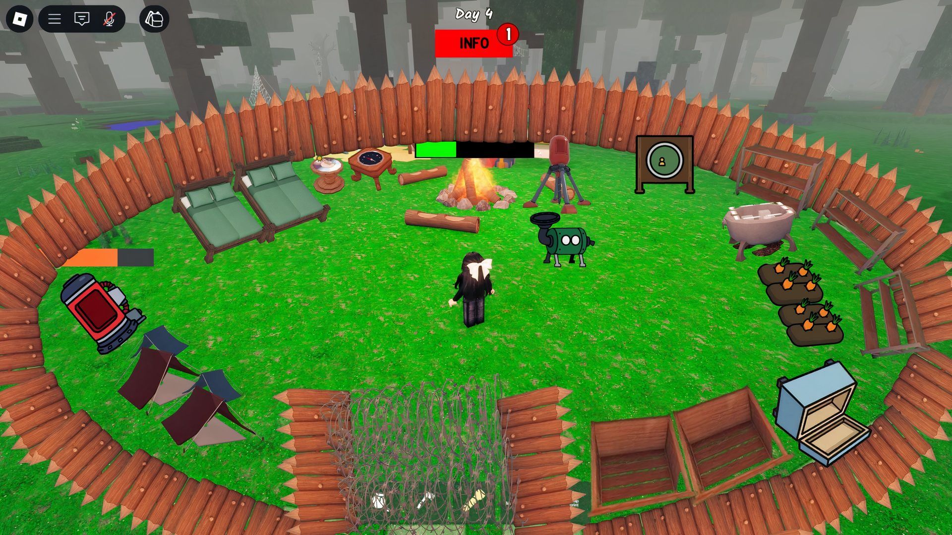 Basic Safe Base with shelves and boxes around campfire